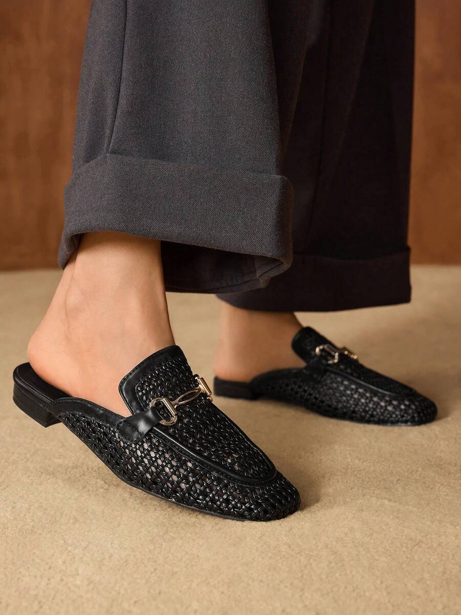 MOTF Cómodas y elegantes mules planas con punta cuadrada, de estilo casual y cómodo, para mujer - Negro - Ver 2