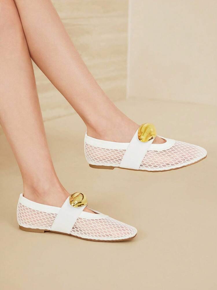 WOMEN'S FASHION FLAT SHOES, SPRING/SUMMER MESH WHITE FISHNET SHOES, BALLET FLATS, BREATHABLE METAL DECOR SHOES