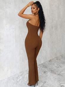 Eryvara Women's Round Ring Connected Halter Jumpsuit, Knitted Crinkle Fabric - Coffee Brown - View 2