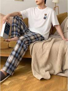 Men's Casual Bear Print Plaid Short Sleeve Top And Elastic Waist Pants 2 Pieces Loungewear Set, Spring/Summer - Multicolor - View 5