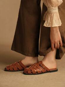 Rosivie 女鞋 女士编织纯色PU搭扣设计日常百搭平底凉鞋 - 棕色 - 查看 7