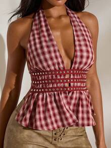 Opulessa Woven Plaid Halter Neck Backless Tank Top For Women, Spring/Summer - Red - View 3