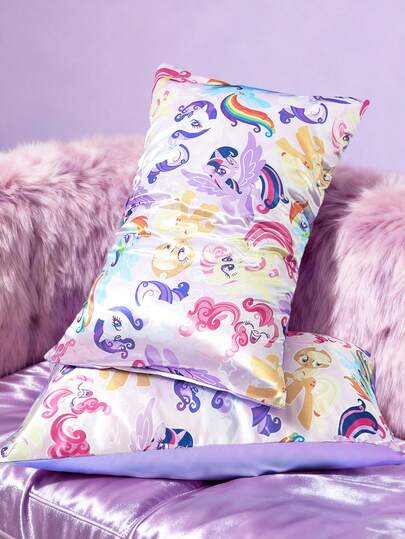 My Little Pony X SHEIN 2pc Cartoon Pony Pattern Satin Pillowcase, Made Of Soft Satin Material, Gentle On Hair, Breathable And Cool, Available In Multiple Sizes, Machine Washable
