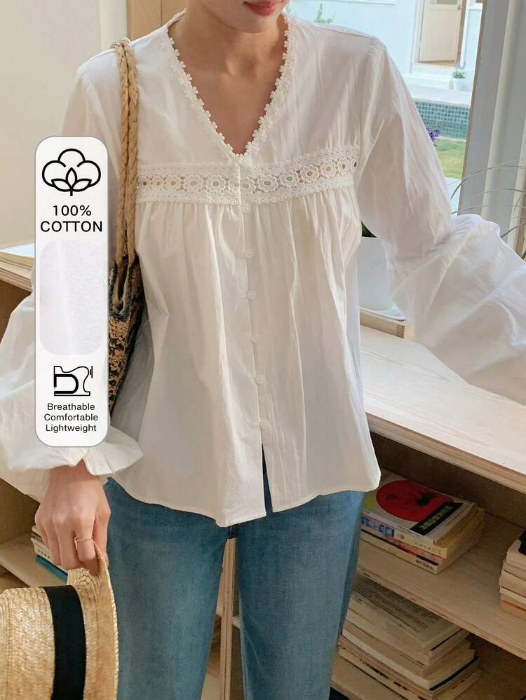 Women's V-Neck Lace Patchwork Flare Sleeve Elegant Blouse