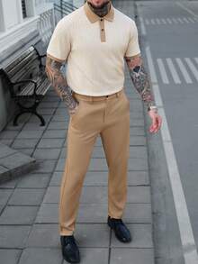 Manfinity CasualCool Men's Casual Daily Polo Shirt Set Beige Men Outfit Men Buttoned Knitted Polo Apricot Men Outfit Cream Outfit Men - Apricot - View 5