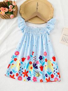 SHEIN Young Girl Woven Striped & Ditsy Floral Square Collar Ruffle Hem Casual Dress - Blue and White - View 1