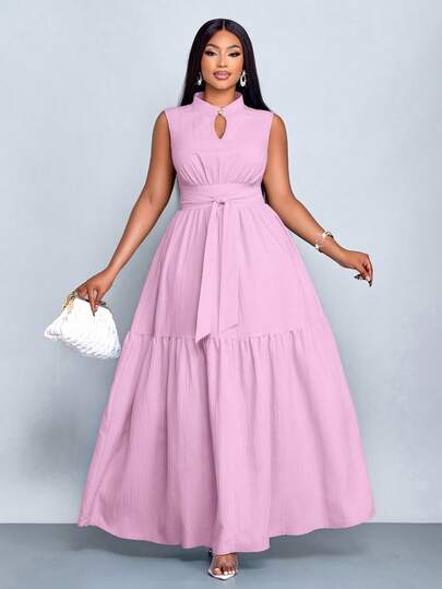SOLERSUN Plus Size Blue Color Stand Collar Front Cut Out Sleeveless Cinched Waist Tie Knot Dress Women Elegant Casual Fashion Commuter,Going Out Dress,Summer New Women's Clothing Elegant Maxi Dress Easter Dress Women Long Long Dress Casual Pink Elegant Dress Women