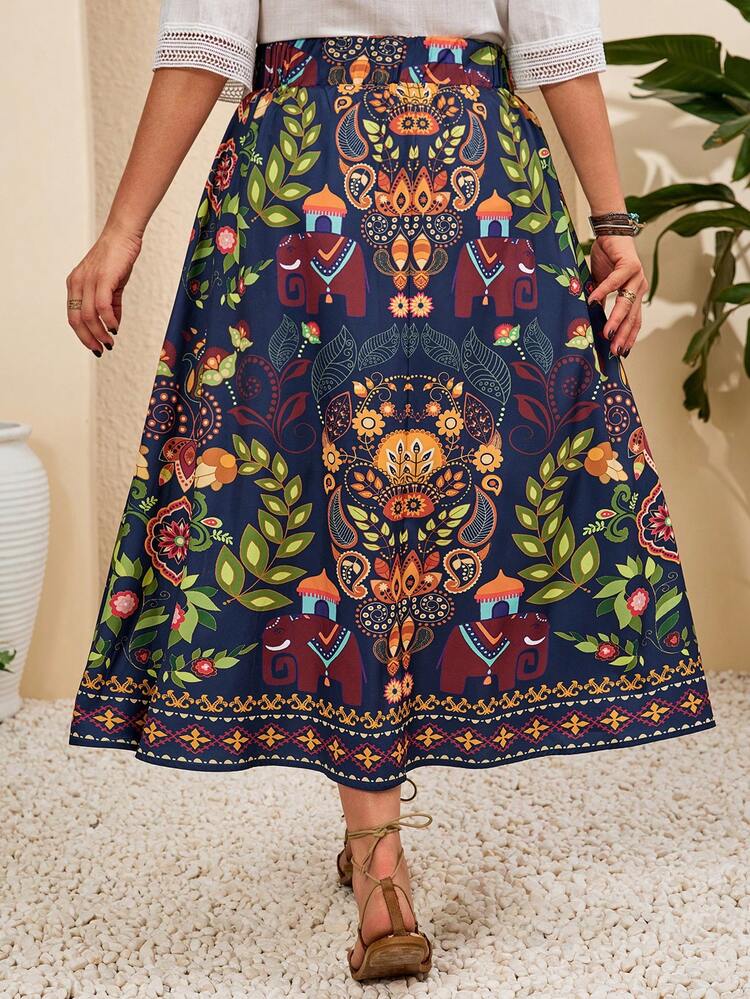 Plus Size Women Plant Print Casual Skirt Boho Skirts For Women Long Summer Skirt Bohemian Skirt  Summer Outfits Summer Clothes  Spring  Spring Outfit Women Spring Clothes Beach Vacation Outfits For Women Bohemian