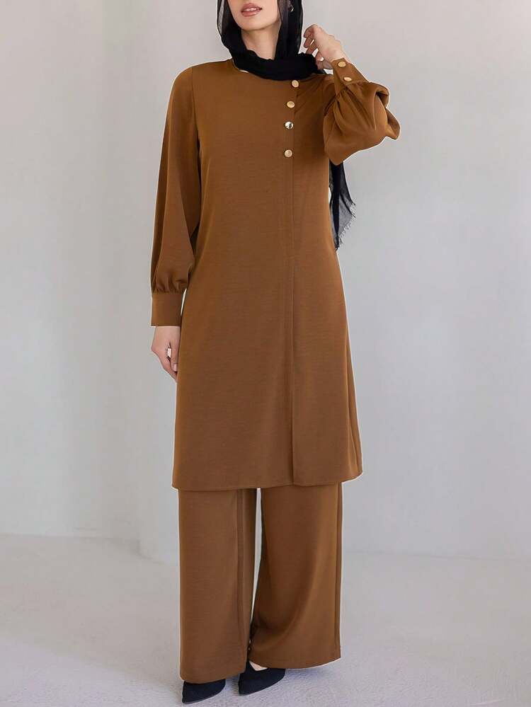 Women's Elegant Solid Color Oblique Collar Round Neck Slit Shirt And Wide Leg Pants 2 Pieces Set, Spring/Summer