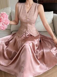 DAZY Bộ 2 món áo vest và chân váy phối màu tương phản thanh lịch dành cho nữ, có túi giả, thích hợp cho mùa xuân/hè. - Hồng - Xem 3