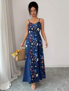 SHEIN PETITE 女士休闲V领印花拼接修身长裙 - 彩色 - 查看 6