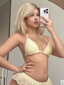 Swim Mod Lace Fabric Spaghetti Strap Halter Neck Bikini Top - Beige - View 5