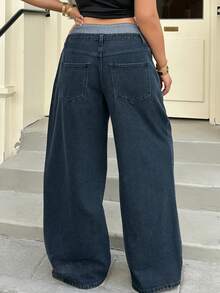 Dazy Plus 大码女式休闲宽松直筒撞色腰部装饰牛仔裤，四季皆宜 - 深色水洗藍 - 查看 2