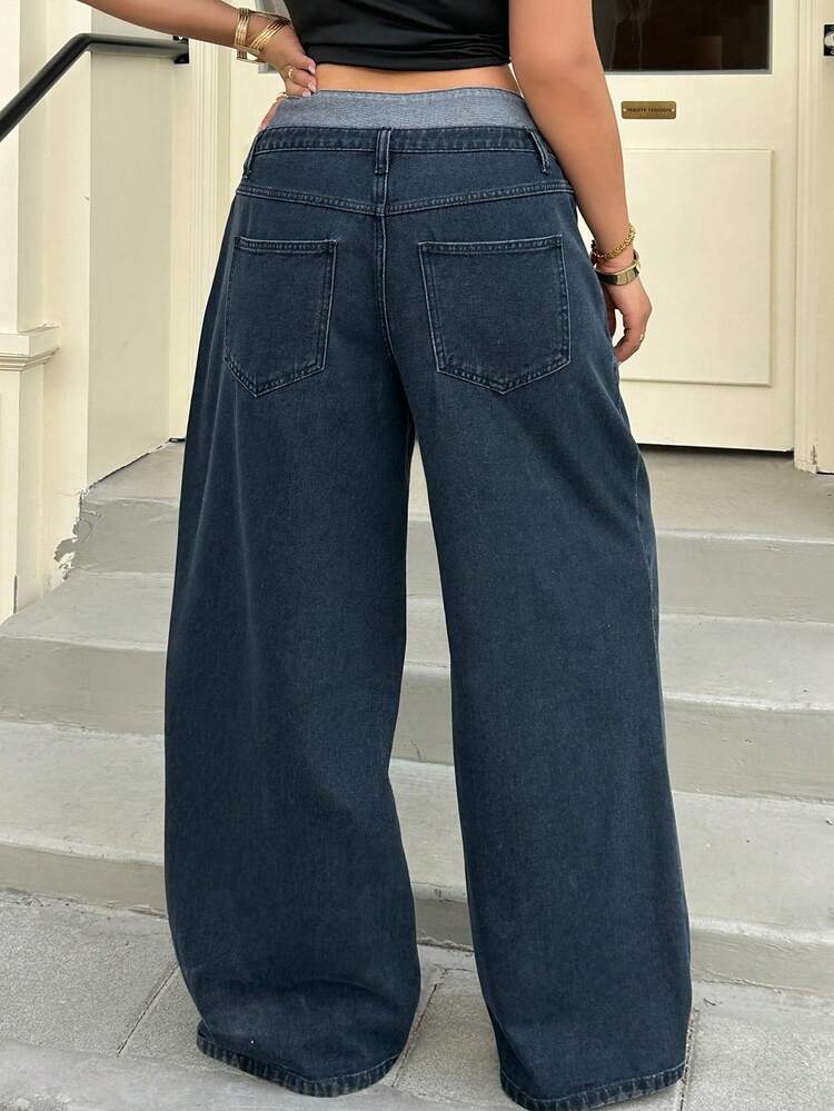 Dazy Plus Plus Size Women Casual Loose Straight Leg Color Block Waist Decorated Denim Jeans, All Season