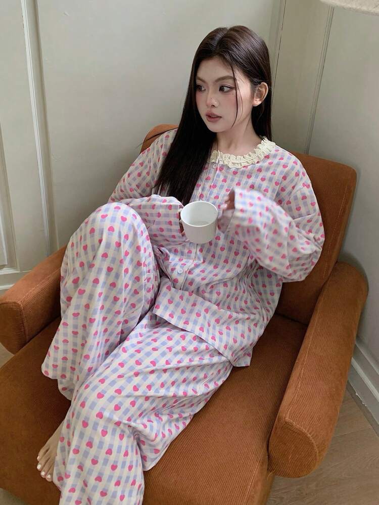 Dazy Plus 2pcs/Set Cute Heart Floral Print Casual Patchwork Lace Round Neck Loose Long Sleeve Top And Long Pants Pajama Set, Spring/Autumn