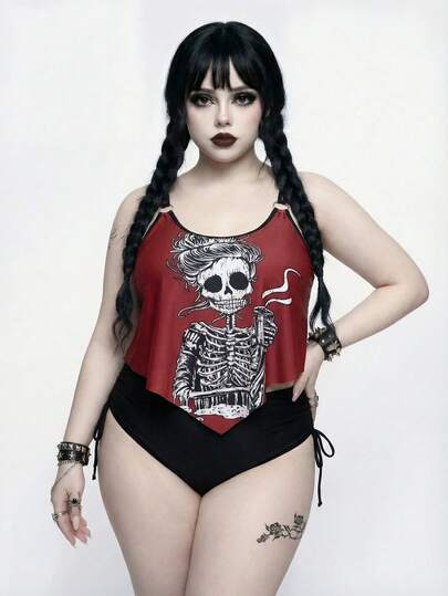 ROMWE Goth Plus Size Women Skull Print Spaghetti Strap Tankini Swimwear Set For Beach Vacation