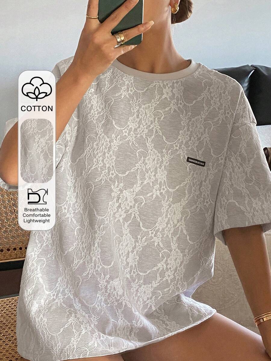 DAZY Women's Casual Lace Letter Print Short Sleeve T-Shirt, Summer - Apricot - View 1