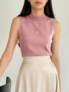 DAZY 女士高领修身无袖针织上衣 夏季 - 粉色 - 查看 3