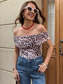 Solivie Women's Leopard Print Ruched Off-Shoulder Fashion T-Shirt - Multicolor - View 6