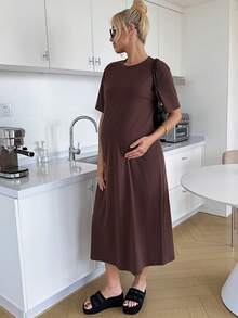 SHEIN Đầm bầu tay ngắn màu trơn, kiểu dáng thường ngày, thích hợp cho mùa hè. - màu nâu - Xem 11