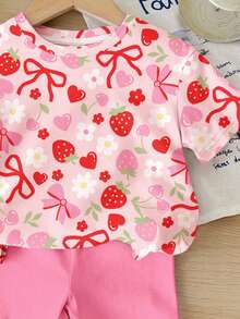 SHEIN Bộ 2 món cho bé gái, gồm áo thun ngắn tay cổ tròn dáng rộng thoải mái in hình dâu tây, trái tim, hoa và nơ, chất liệu mềm mại, thích hợp cho mùa xuân, hè, mặc hàng ngày, ở nhà, đi chơi, nghỉ lễ, lễ Phục sinh, đi nông trại, dã ngoại. - Nhiều màu - Xem 6