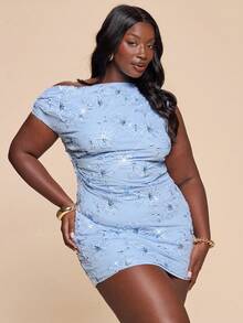 SHEIN BAE Plus Size Summer Elegant Sexy Celestial Cocktail Theme Party Date Night Blue Light Floral Sequin Embroidery One Shoulder Mini Dress Women's Chic - Baby Blue - View 7