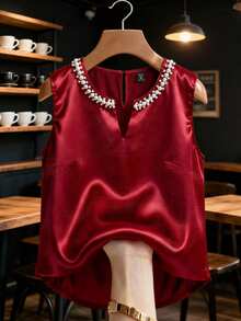 Franclia Plus Size Women's Elegant Summer Satin Pearl Decor Tank Top,Red V-Neck Sleeveless Top For Party,Formal Events,Dates,Maroon Burgundy Wine Red Tops - Burgundy - View 1