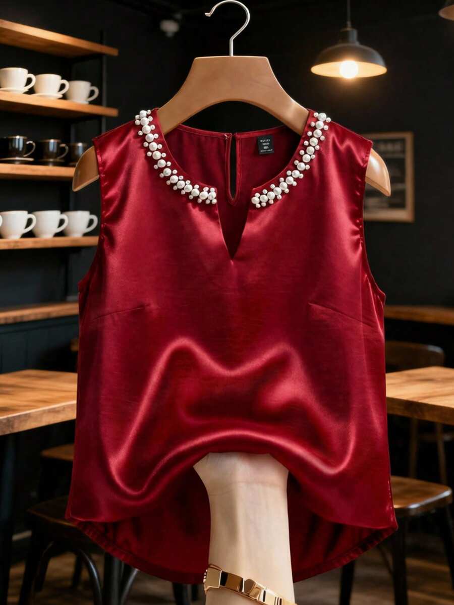 Franclia Plus Size Women's Elegant Summer Satin Pearl Decor Tank Top,Red V-Neck Sleeveless Top For Party,Formal Events,Dates,Maroon Burgundy Wine Red Tops - Burgundy - View 1