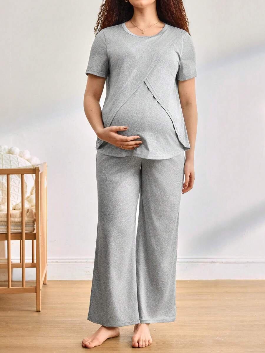Moonlight&Mama 孕妇纯色圆领短袖上衣和裤子家居服 - 淺灰色 - 查看 1