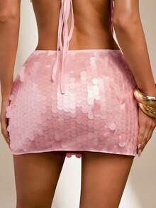 SHEIN BAE 杏色低腰亮片贝壳装饰修身迷你裙，贝壳亮片裙，沙滩度假裙，优雅夏季迷你裙，音乐节，派对 - 粉色 - 查看 2