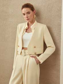 MOTF PREMIUM 短款双排扣大衣，春夏款 - 杏色 - 查看 5