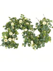 1/2件人造尤加利花环，假绿植花环，配白玫瑰和满天星，适用于婚礼拱门背景墙挂派对中心装饰礼品 - 均碼 - 查看 11