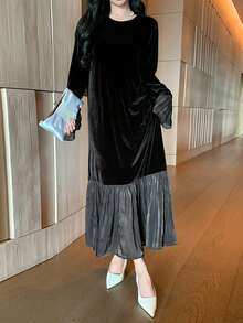 FRIFUL Women's Patchwork Mid-Length Fleece Lining Dress - Black - View 6