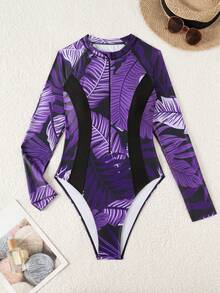 Swim SPRTY Women's Vacation Beach Plant Print One-Piece Swimsuit - Purple - View 1