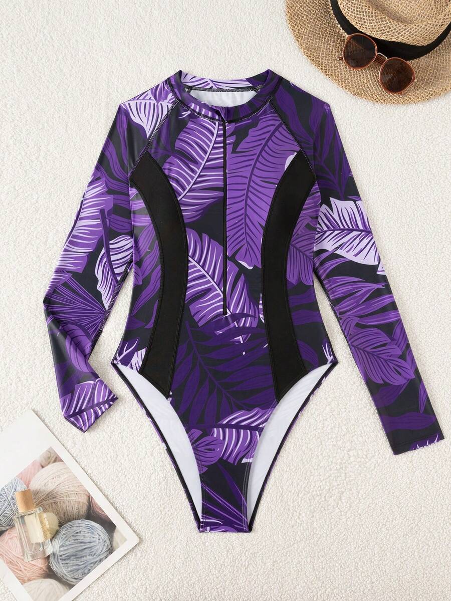 Swim SPRTY Women's Vacation Beach Plant Print One-Piece Swimsuit - Purple - View 1