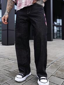 Artur Kramer Men's Street Fashion Casual Plaid Embroidered Floral Design Straight Leg Wide Leg Jeans Baggy Jeans With Design Valentine's Day Y2k Spring To Summer - Black - View 5