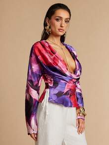 Silquee Women's Elegant Purple Floral Deep V-Neck Satin Top,Long-Sleeved Relaxed Flowing Design,Perfect For Autumn,Party,Summer Vacations,Dates & Casual Wear - Multicolor - View 6
