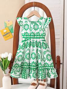SHEIN Elladie kids 女童春夏新款休闲时尚连衣裙，绿色花卉数码印花图案，圆领无袖荷叶袖，露背镂空设计，绿色3D蝴蝶结装饰，腰部褶皱荷叶边下摆，适合可爱、舒适、优雅的小女孩日常穿着，也适合上学、外出、度假、派对等场合。绿色花卉女童连衣裙，女童复活节连衣裙，女童绿色套装，女童蝴蝶结连衣裙，女童绿色蝴蝶结，女童度假套装，女童夏季连衣裙，优雅派对连衣裙，夏季套装。 - 綠色 - 查看 2