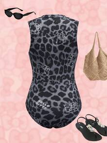 HELLO KITTY AND FRIENDS | SHEIN 豹纹猫咪印花拉链连体泳衣，夏季海滩度假 - 黑色 - 查看 3