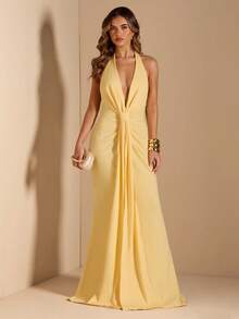 SHEIN BAE Vestido maxi elegante con cuello en V profundo, fluido, con lazo en la espalda y drapeado, color amarillo, para primavera/verano - Amarillo - Ver 3