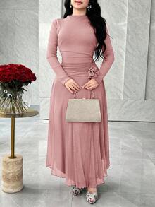 Feyla Long Sleeve Front Slit 3D Floral Elegant Versatile Party Dress - Pink - View 5