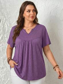 Rosumi Kaos Lengan Pendek Kerah Berlekuk Warna Polos Kasual Musim Panas Ukuran Besar - Purple - View 4