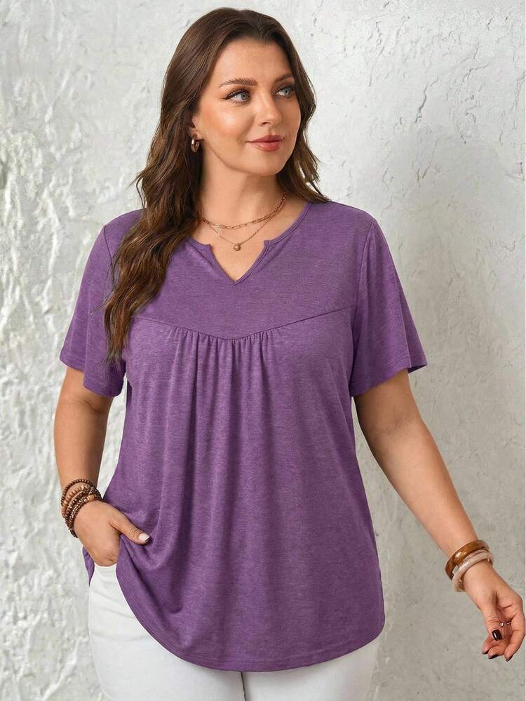 Plus Size Summer Casual Solid Color Notched Neck Short Sleeve T-Shirt