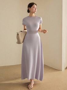 Dazy-Less Vestido de punto elegante para mujer, primavera/verano, unicolor, con cintura definida, estilo commuter - Morado - Ver 4