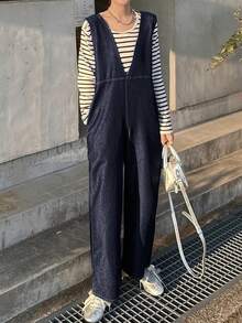 FRIFUL Women's Solid Color Casual Denim Bib Pants Jumpsuit - Blue - View 2