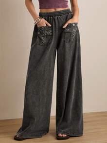 Easelle Casual Vintage Pocket Distressed Loose Women's Pants Wide Leg Pants Western Pants For Women Wide Leg Pants Woman Women's Pants Women's Pants Women's Trousers Women Summer Pants - Grey - View 2
