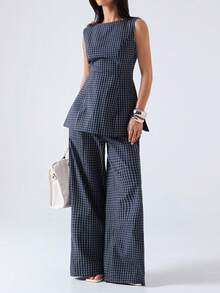 LYSMO Bộ đồ nữ thường ngày họa tiết kẻ caro gồm áo hai dây và quần dài, thích hợp cho mùa hè. - Màu xanh hải quân - Xem 4