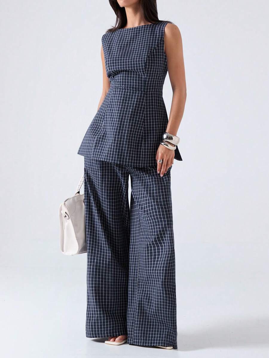 LYSMO 女士休闲格子印花吊带背心和裤子两件套，夏季 - 藏蓝色 - 查看 1