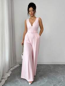 Balvessa Women's 2026 Spring/Summer New Lace Waist Jumpsuit - Baby Pink - View 6