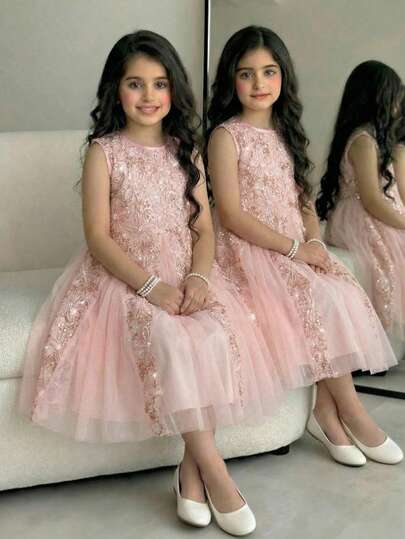 Vestido de fiesta sin mangas con collar de perlas rosa y malla con flores 3D, adecuado para fiestas y festivales